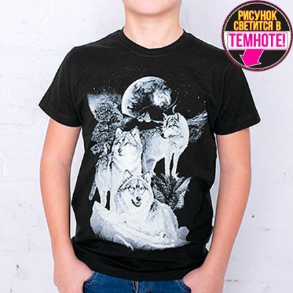 Светящаяся футболка для подростков "Три волка" черный